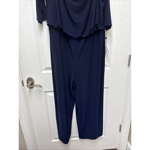 Adrianna Papell Plus Size 22W Navy Blue Off Shoulder Jersey Jumpsuit Rosette NWT - Picture 6 of 11